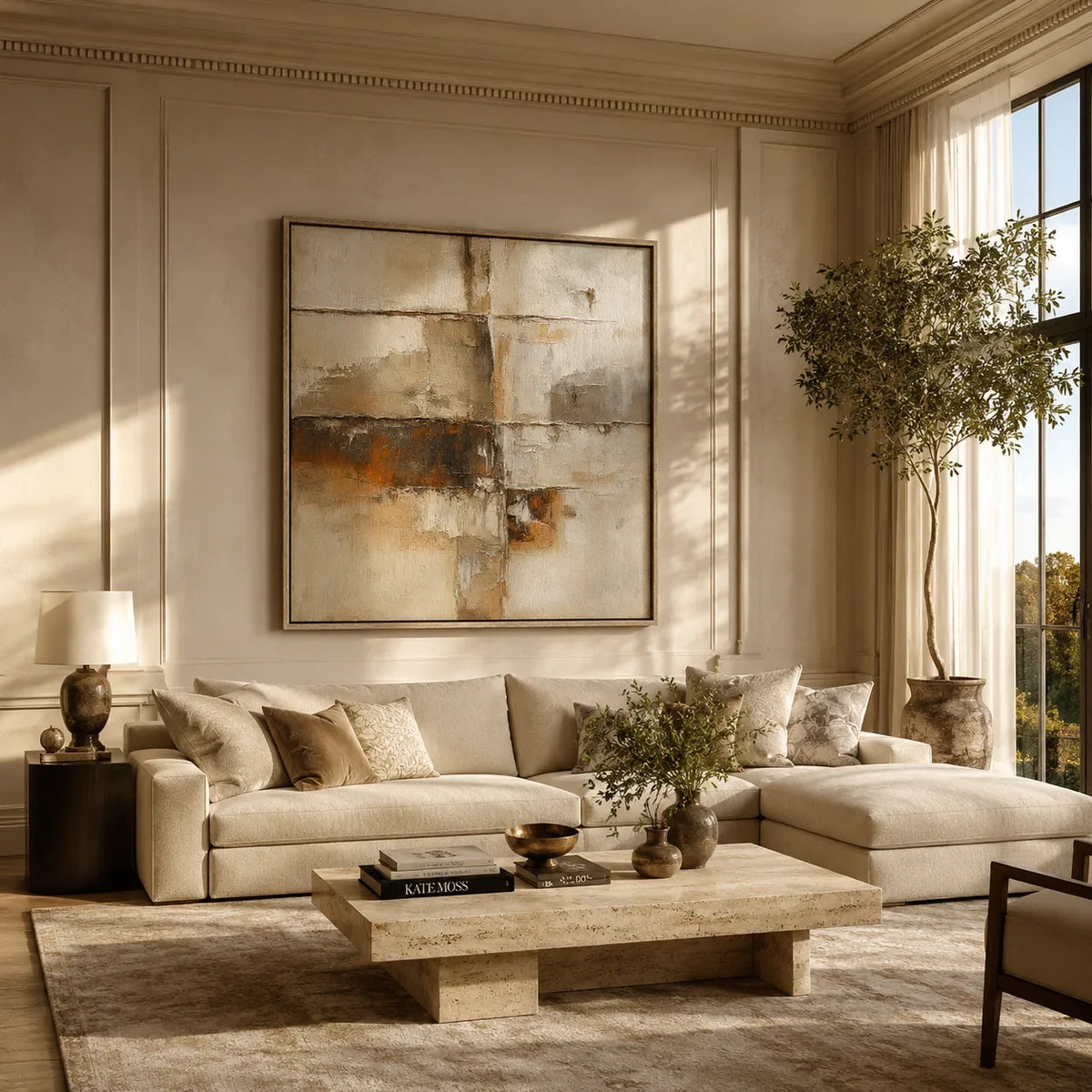 Rust Horizon Abstract Wall Art shown in a calm bedroom setting | Olyrel