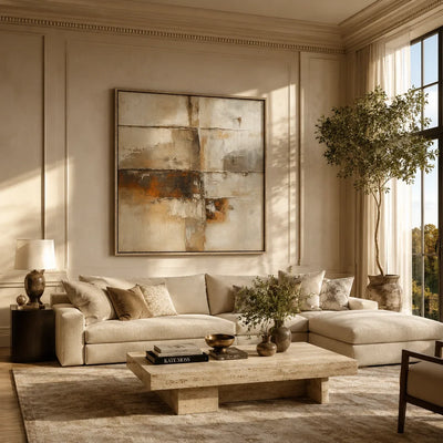 Rust Horizon Abstract Wall Art shown in a calm bedroom setting | Olyrel