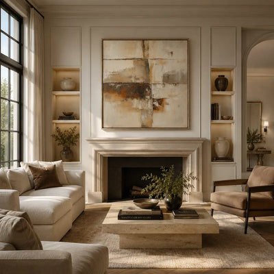 Rust Horizon Abstract Wall Art styled in a modern living room | Olyrel