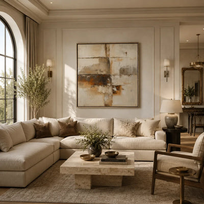 Rust Horizon Abstract Wall Art displayed in a bright dining room | Olyrel