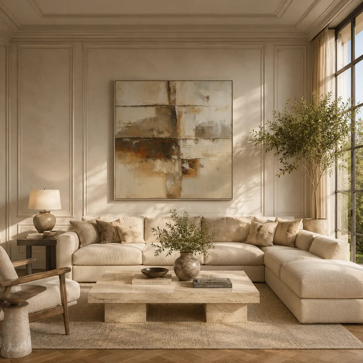 Rust Horizon Abstract Wall Art shown in a quiet home office | Olyrel