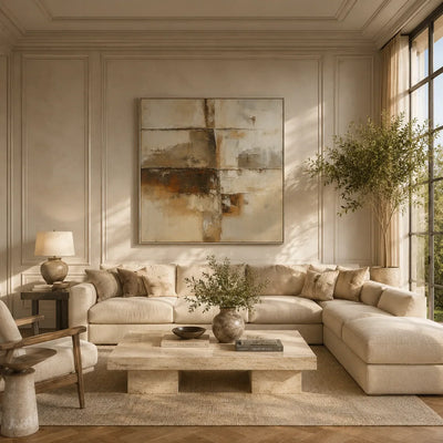 Rust Horizon Abstract Wall Art shown in a quiet home office | Olyrel