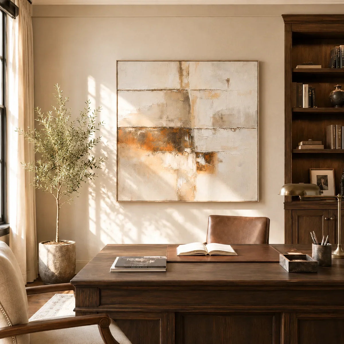 Rust Horizon Abstract Wall Art styled with minimal interior decor | Olyrel