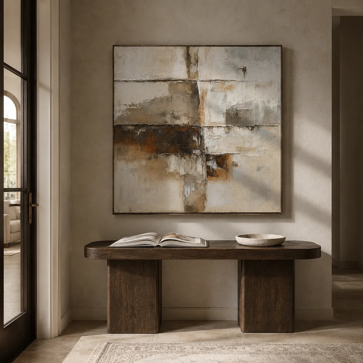 Rust Horizon Abstract Wall Art displayed in a collected studio setting | Olyrel