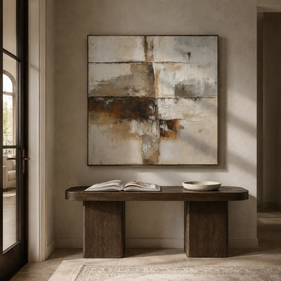 Rust Horizon Abstract Wall Art displayed in a collected studio setting | Olyrel