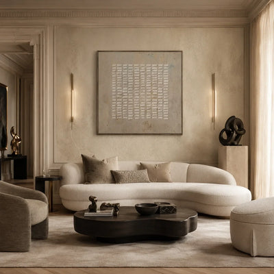 White Rhythm Textured Wall Art shown in a calm bedroom setting | Olyrel