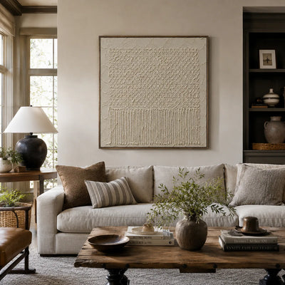 Ivory Weave Textured Wall Art styled in a modern living room | Olyrel