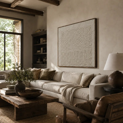 Ivory Weave Textured Wall Art displayed above a sofa in a neutral interior | Olyrel