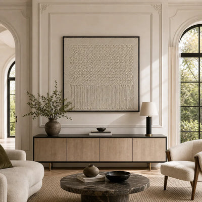 Ivory Weave Textured Wall Art shown in a calm bedroom setting | Olyrel