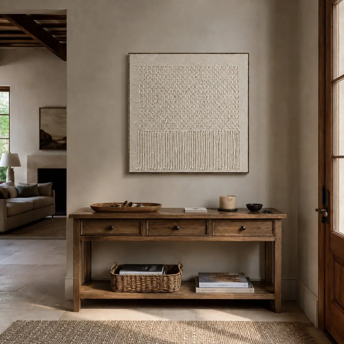 Ivory Weave Textured Wall Art styled in a contemporary entryway | Olyrel