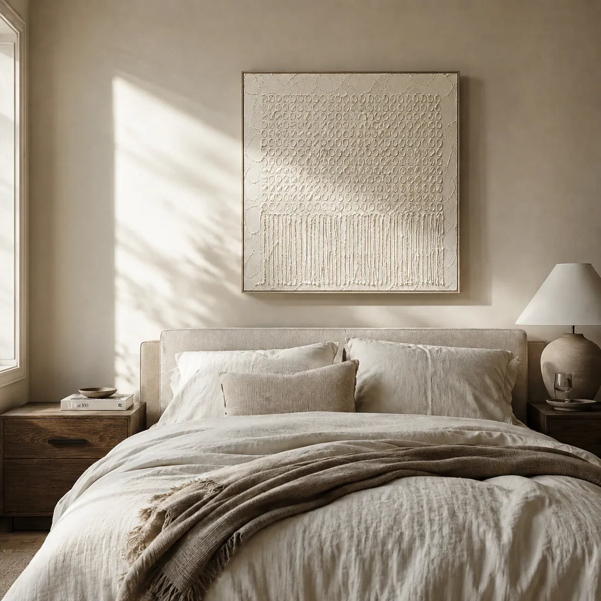 Ivory Weave Textured Wall Art shown in a quiet home office | Olyrel