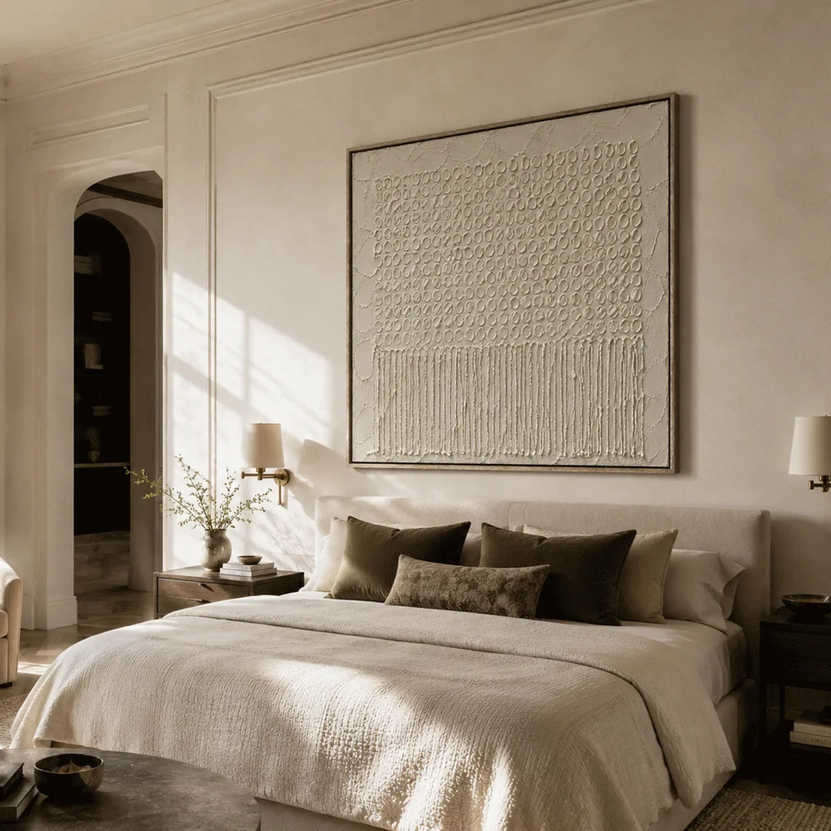 Ivory Weave Textured Wall Art styled with minimal interior decor | Olyrel