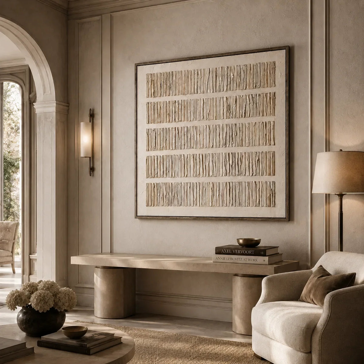 Folded Lines Textured Wall Art displayed above a sofa in a neutral interior | Olyrel