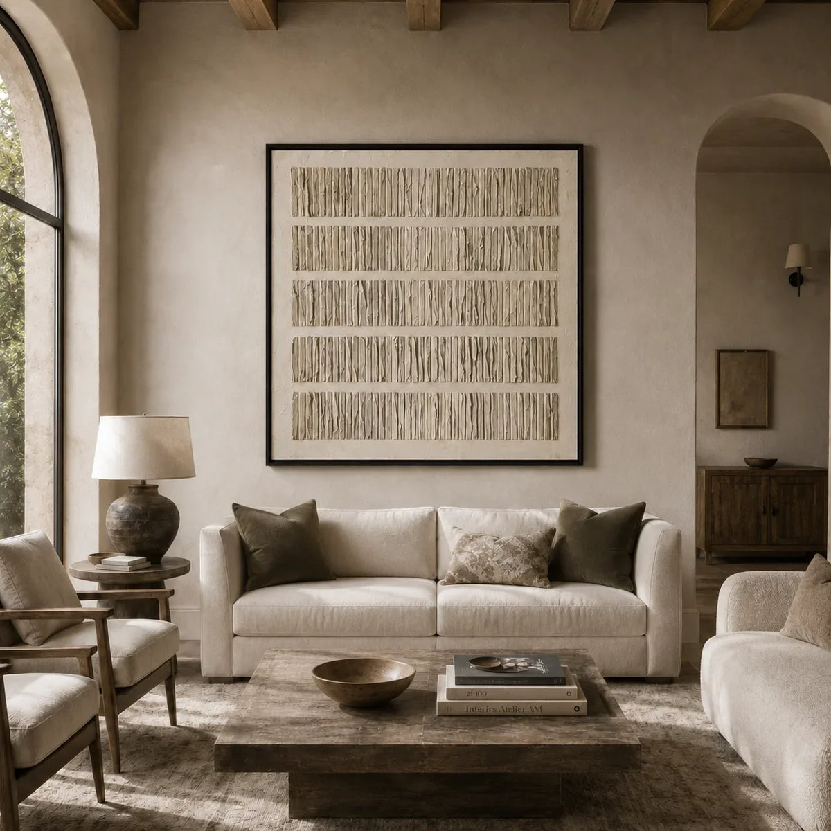 Folded Lines Textured Wall Art shown in a calm bedroom setting | Olyrel