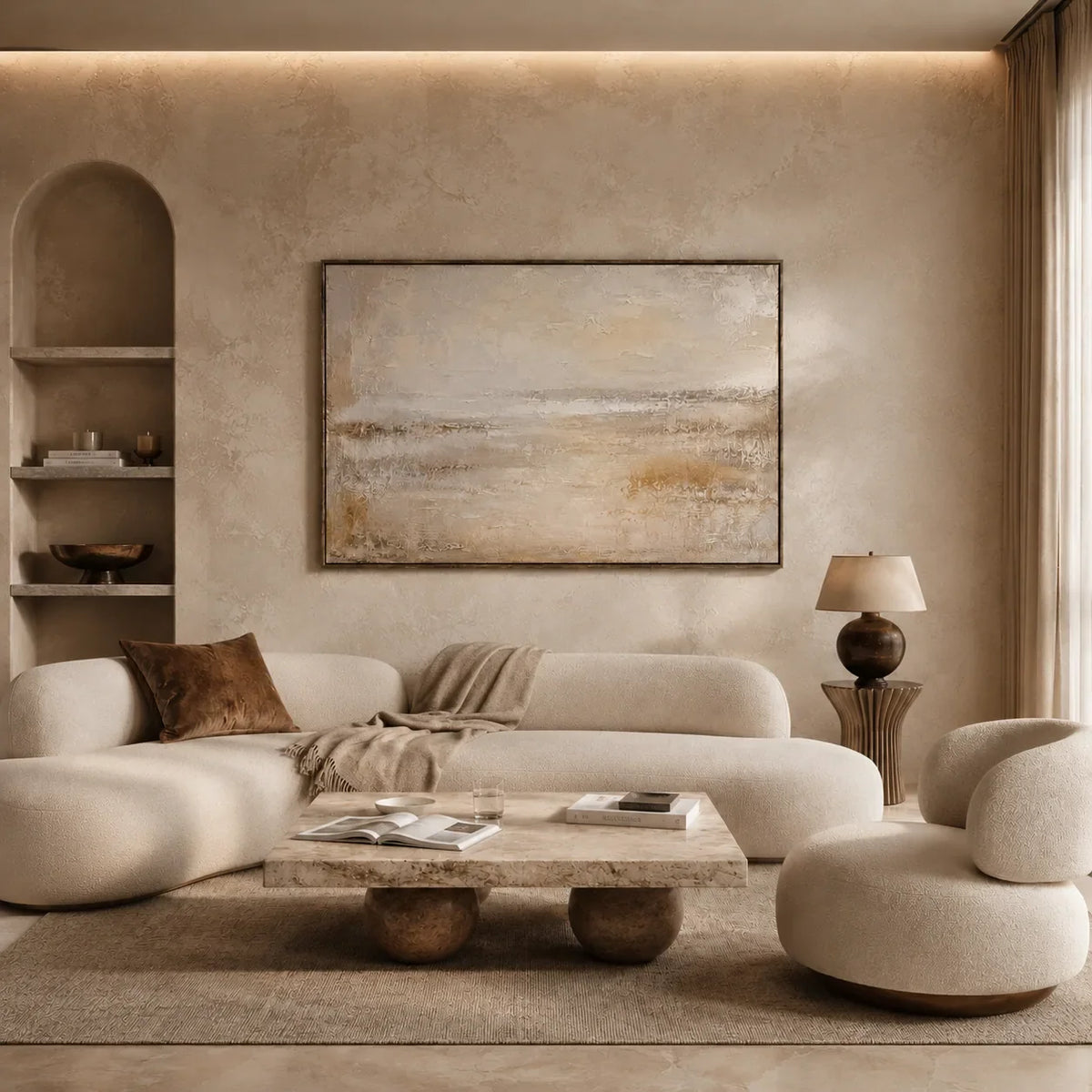 Misty Horizon Abstract Wall Art styled in a modern living room | Olyrel