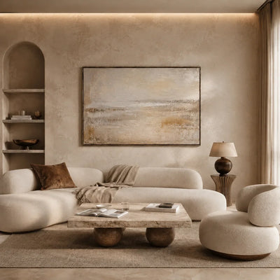 Misty Horizon Abstract Wall Art styled in a modern living room | Olyrel