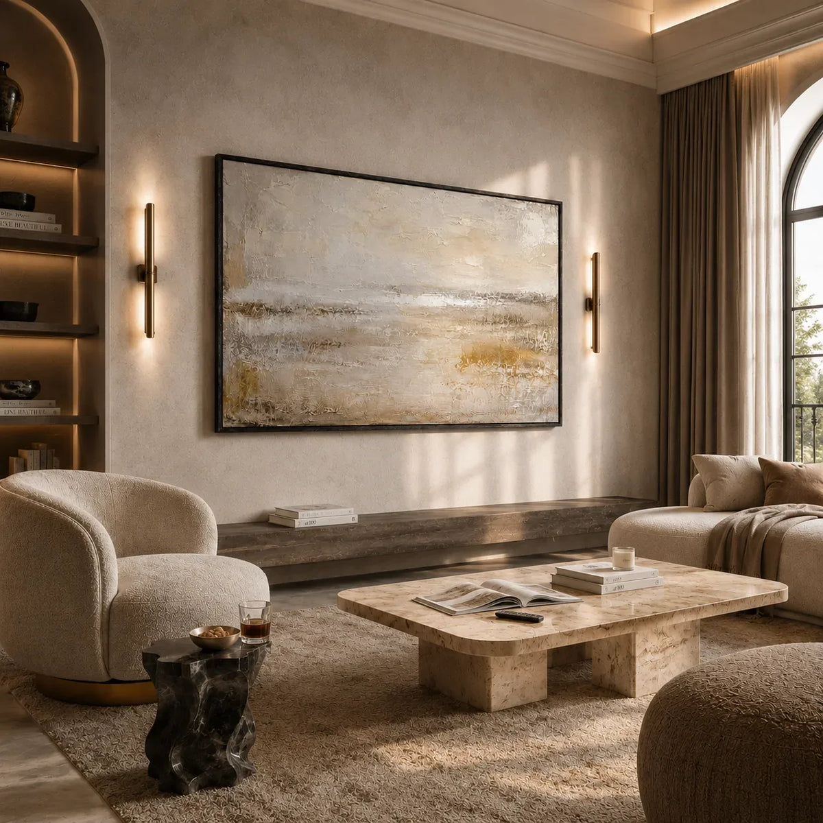Misty Horizon Abstract Wall Art displayed above a sofa in a neutral interior | Olyrel