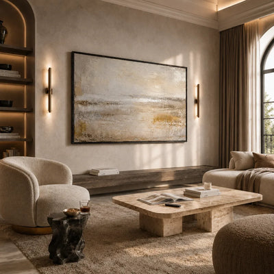 Misty Horizon Abstract Wall Art displayed above a sofa in a neutral interior | Olyrel