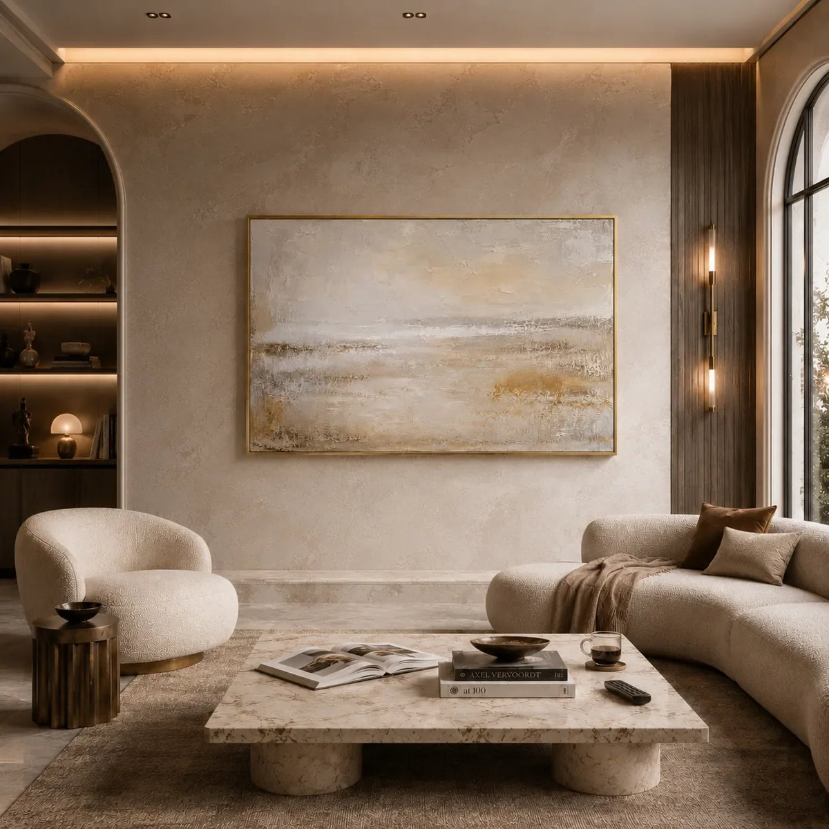 Misty Horizon Abstract Wall Art shown in a calm bedroom setting | Olyrel
