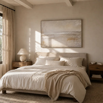 Misty Horizon Abstract Wall Art styled in a contemporary entryway | Olyrel