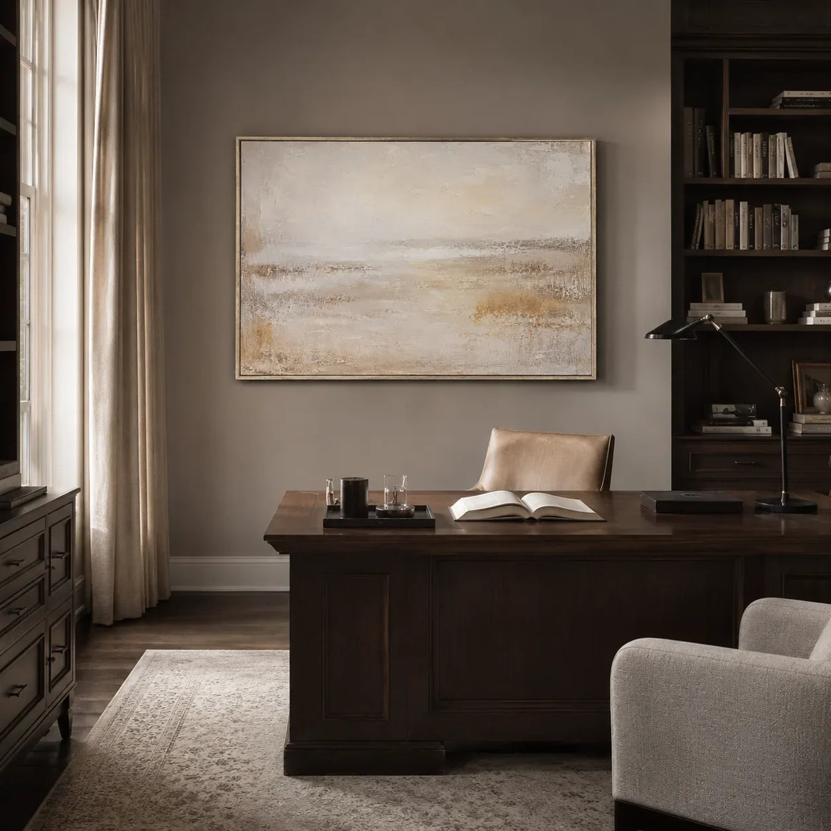 Misty Horizon Abstract Wall Art styled with minimal interior decor | Olyrel