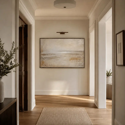 Misty Horizon Abstract Wall Art displayed in a collected studio setting | Olyrel