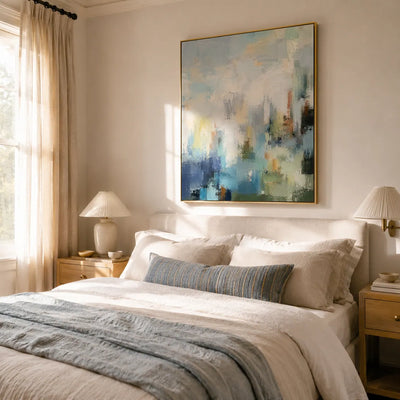 Blue Mistfall Abstract Wall Art room scene 2 | Olyrel