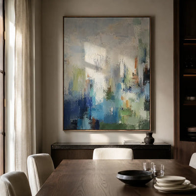 Blue Mistfall Abstract Wall Art room scene 4 | Olyrel
