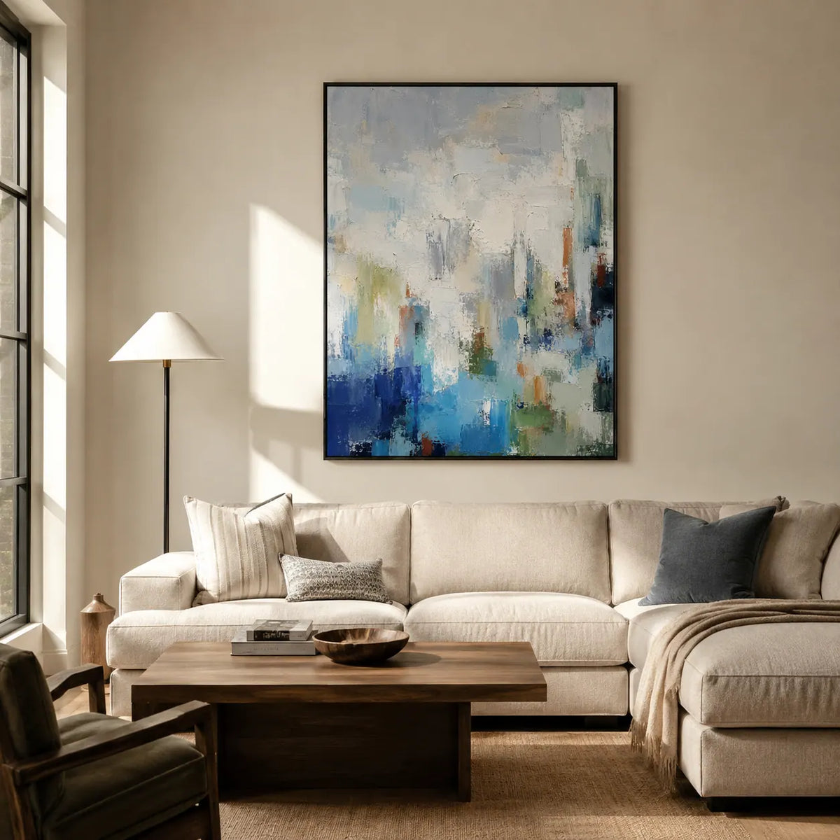Blue Mistfall Abstract Wall Art room scene 5 | Olyrel