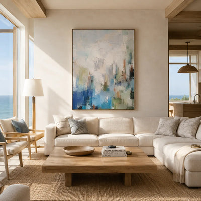 Blue Mistfall Abstract Wall Art room scene 6 | Olyrel