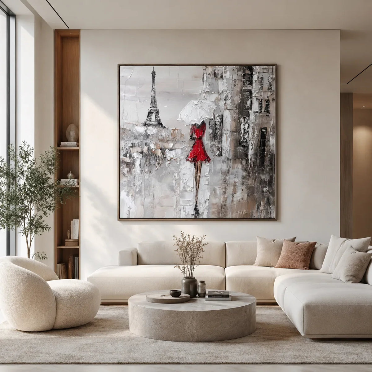 Red Dress Paris Wall Art styled in a modern living room | Olyrel