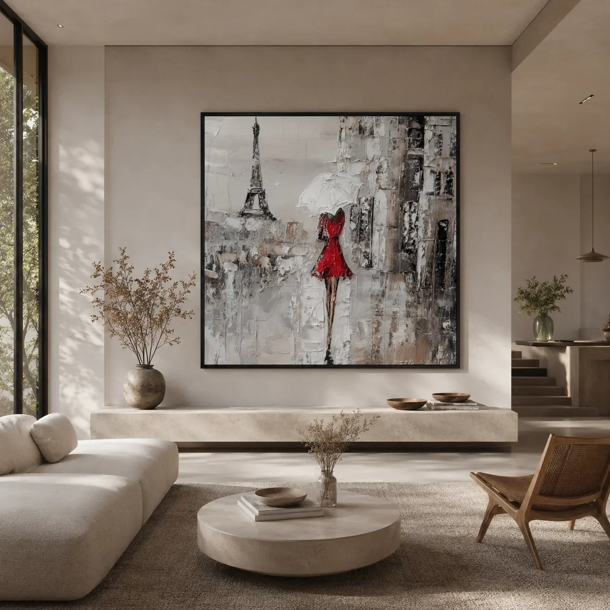 Red Dress Paris Wall Art displayed above a sofa in a neutral interior | Olyrel