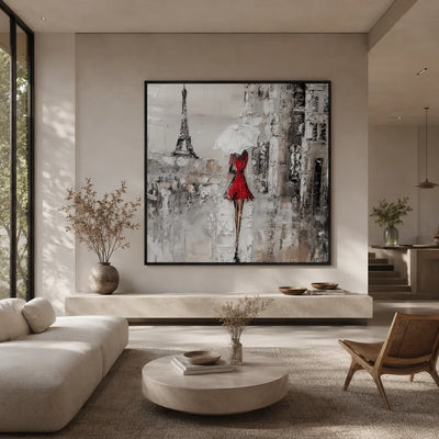 Red Dress Paris Wall Art displayed above a sofa in a neutral interior | Olyrel