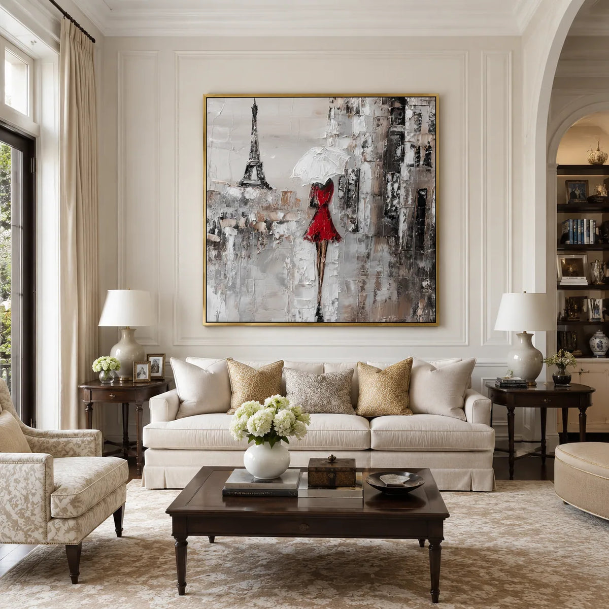 Red Dress Paris Wall Art shown in a calm bedroom setting | Olyrel