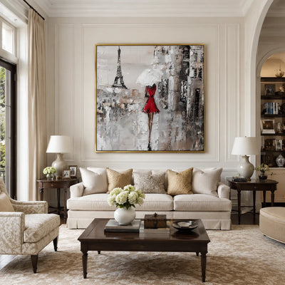 Red Dress Paris Wall Art shown in a calm bedroom setting | Olyrel