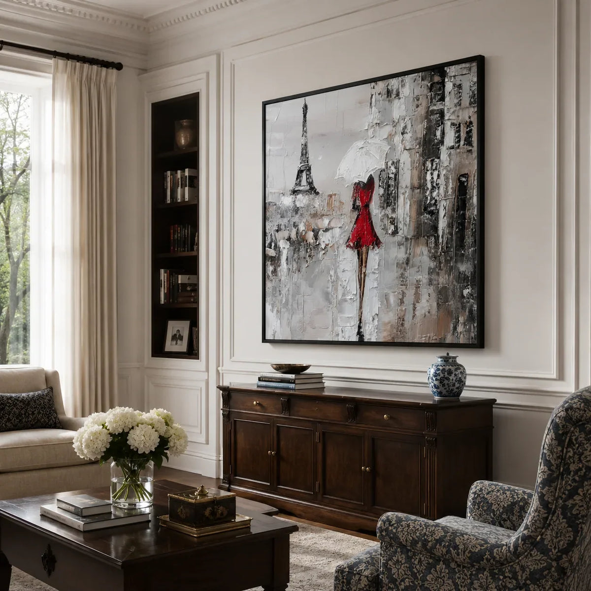 Red Dress Paris Wall Art styled in a contemporary entryway | Olyrel