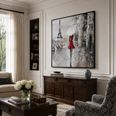 Red Dress Paris Wall Art styled in a contemporary entryway | Olyrel