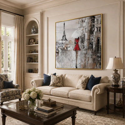 Red Dress Paris Wall Art displayed in a bright dining room | Olyrel