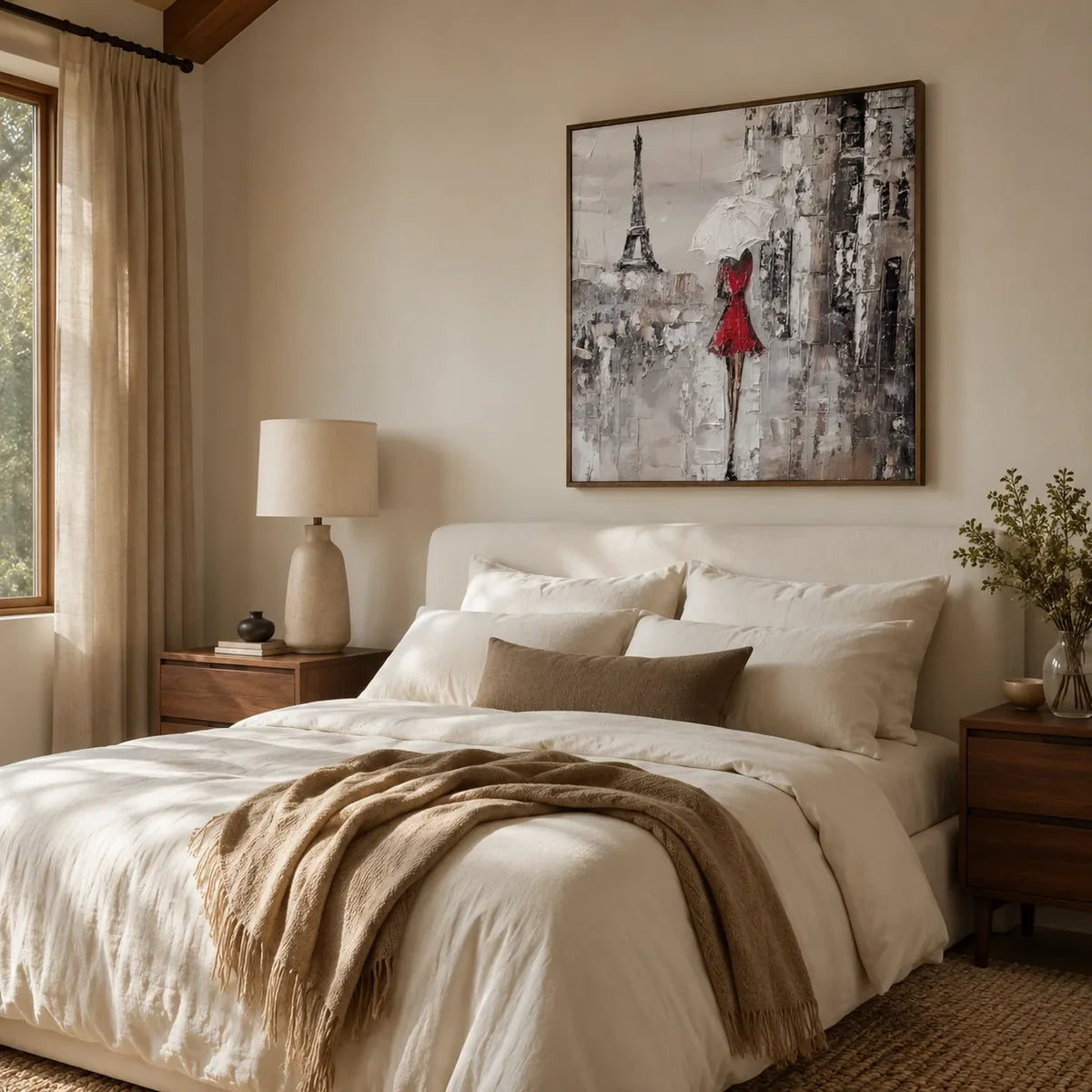 Red Dress Paris Wall Art shown in a calm bedroom setting | Olyrel