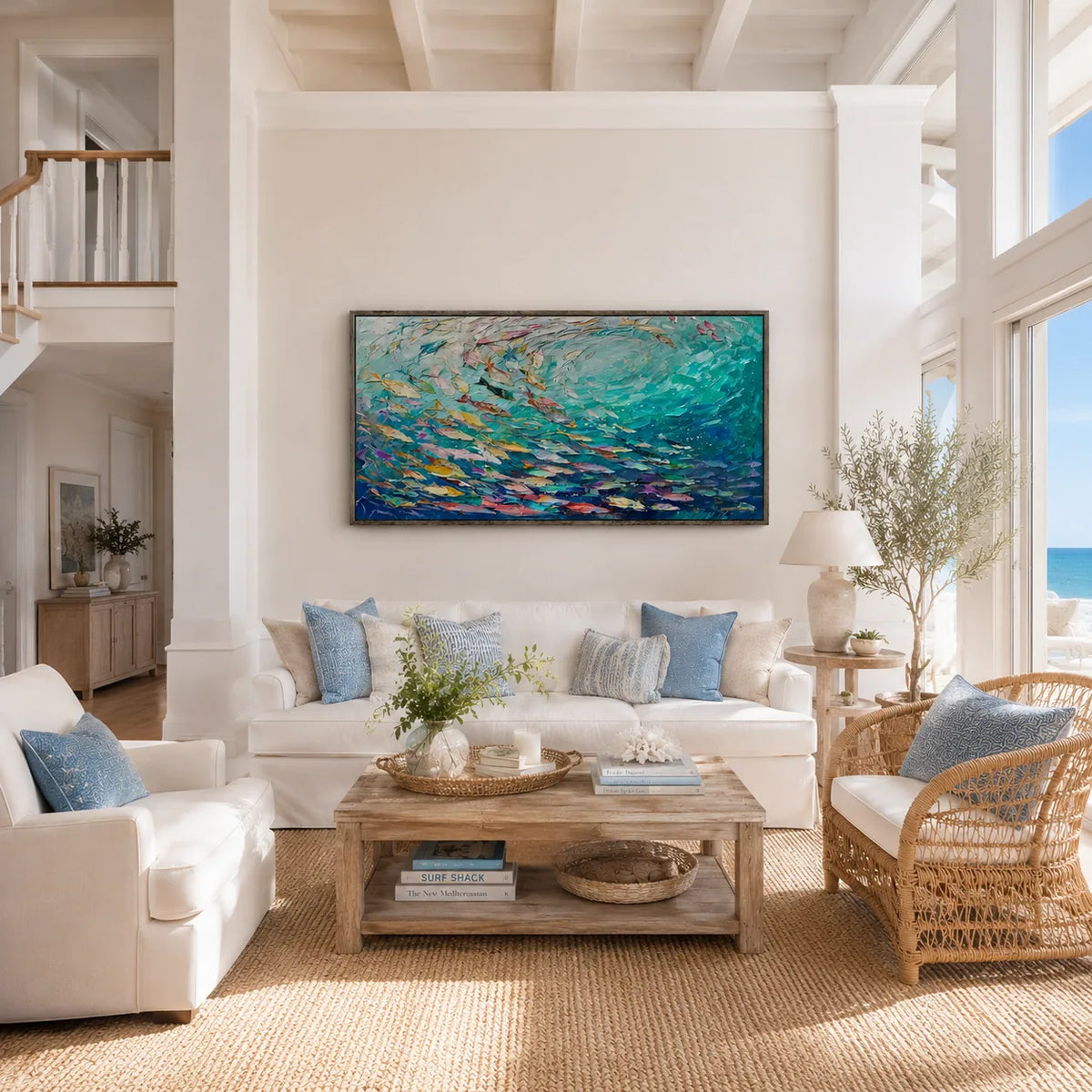 Azure Shoal Ocean Wall Art styled in a modern living room | Olyrel