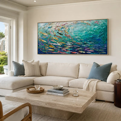 Azure Shoal Ocean Wall Art displayed above a sofa in a neutral interior | Olyrel