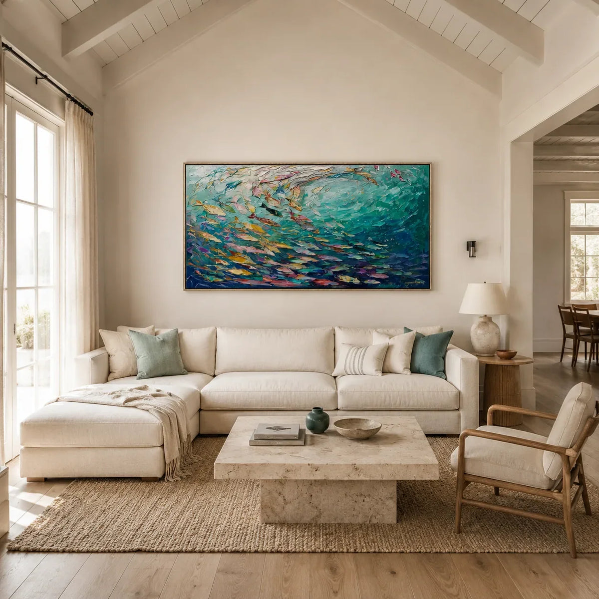 Azure Shoal Ocean Wall Art shown in a calm bedroom setting | Olyrel