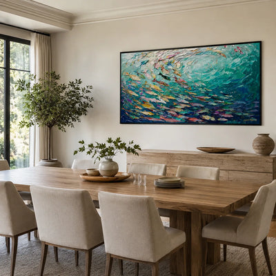Azure Shoal Ocean Wall Art displayed in a bright dining room | Olyrel