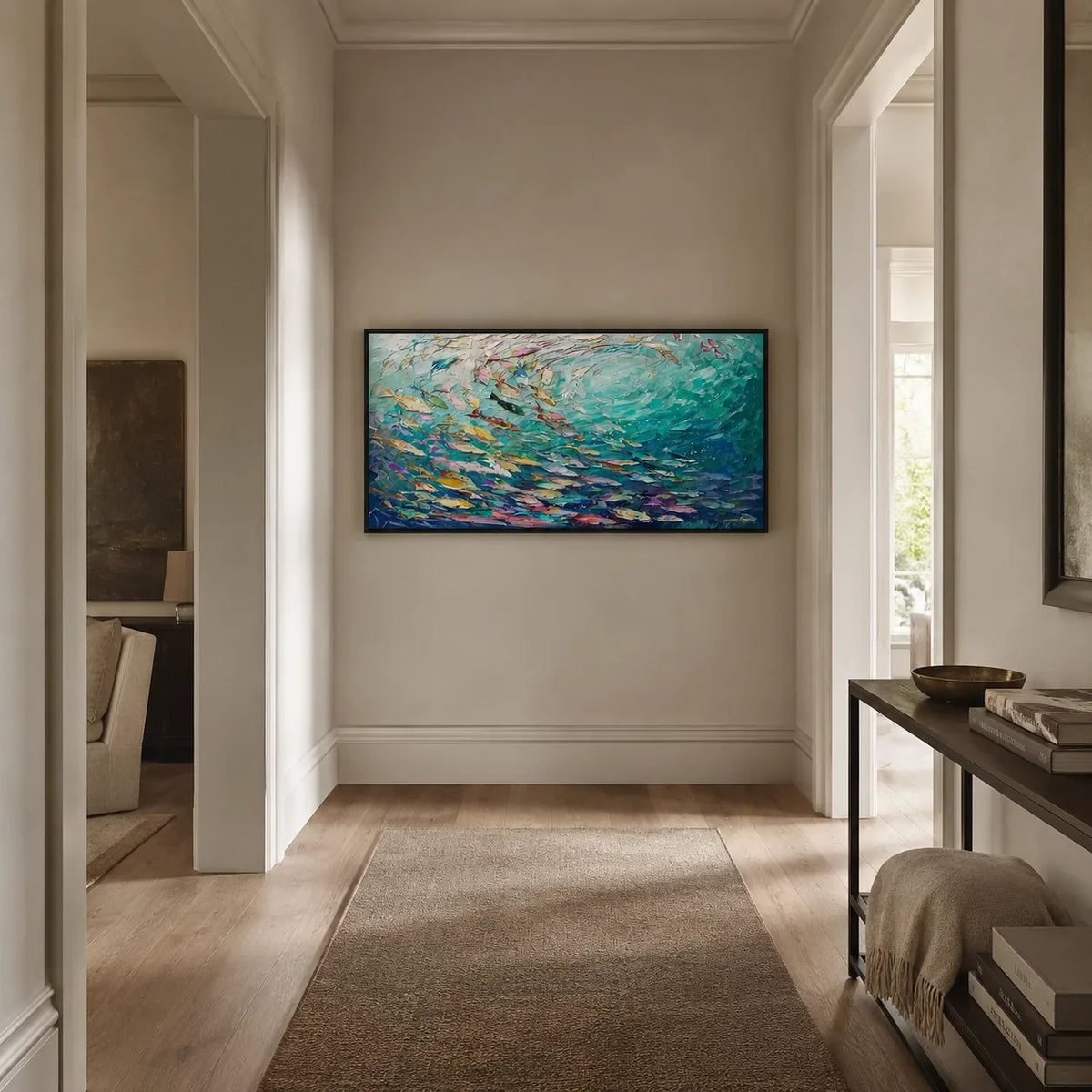 Azure Shoal Ocean Wall Art styled with minimal interior decor | Olyrel