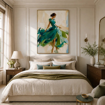 Emerald Dancer Figure Wall Art styled above an elegant bedroom | Olyrel