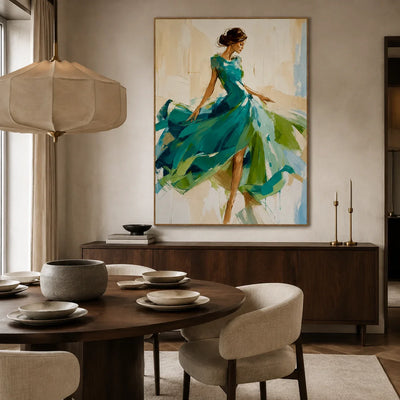 Emerald Dancer Figure Wall Art styled in a contemporary dining room | Olyrel