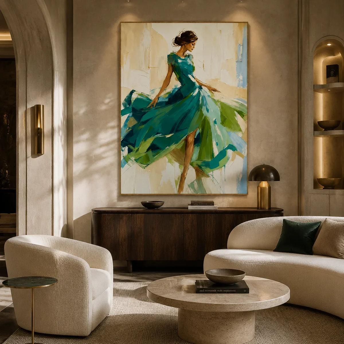 Emerald Dancer Figure Wall Art displayed in a warm modern living room | Olyrel