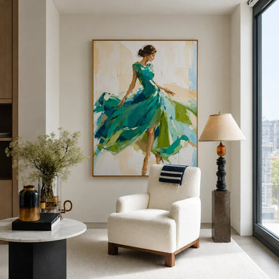 Emerald Dancer Figure Wall Art displayed in a bright reading corner | Olyrel