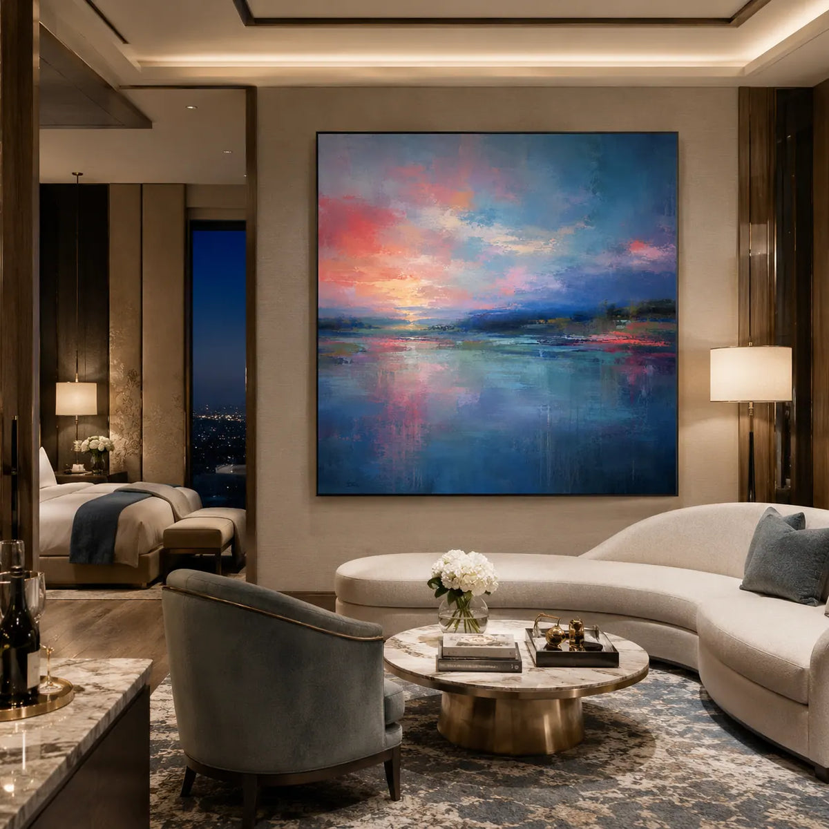 Coral Sky Seascape Wall Art room scene 6 | Olyrel
