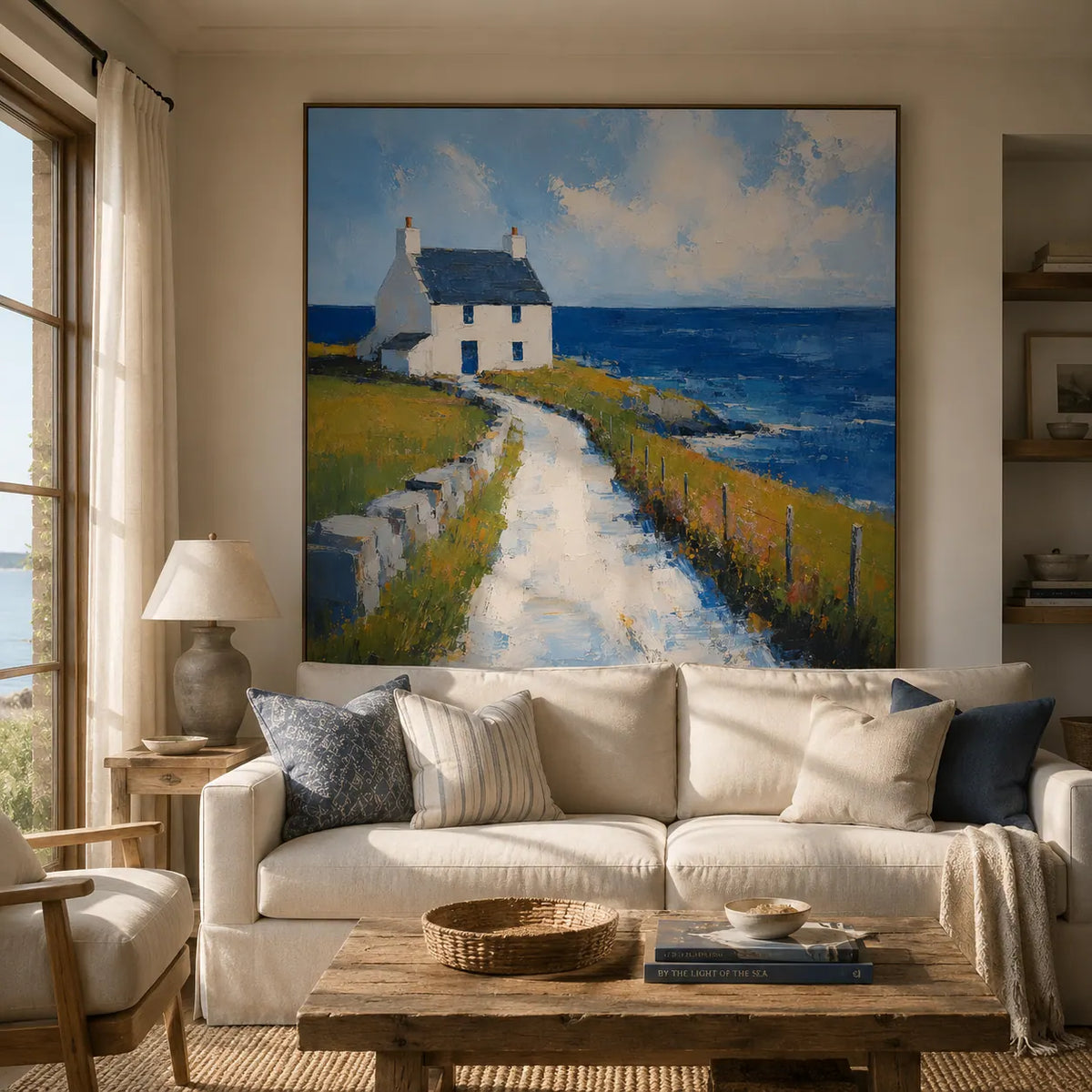Blue Cottage Coastal Wall Art room scene 2 | Olyrel